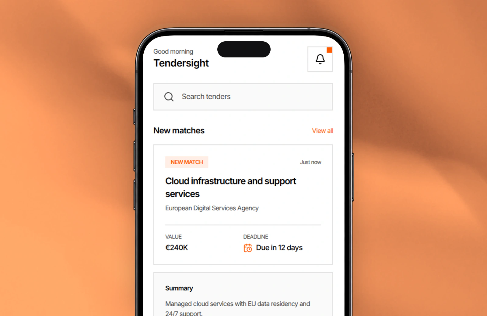 Previzualizarea unei licitații potrivite în Tendersight Mobile
