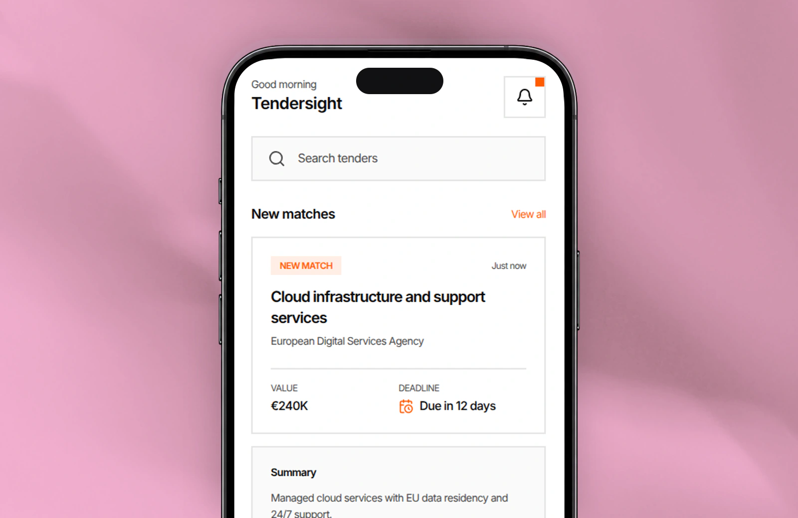Previzualizarea unei licitații potrivite în Tendersight Mobile