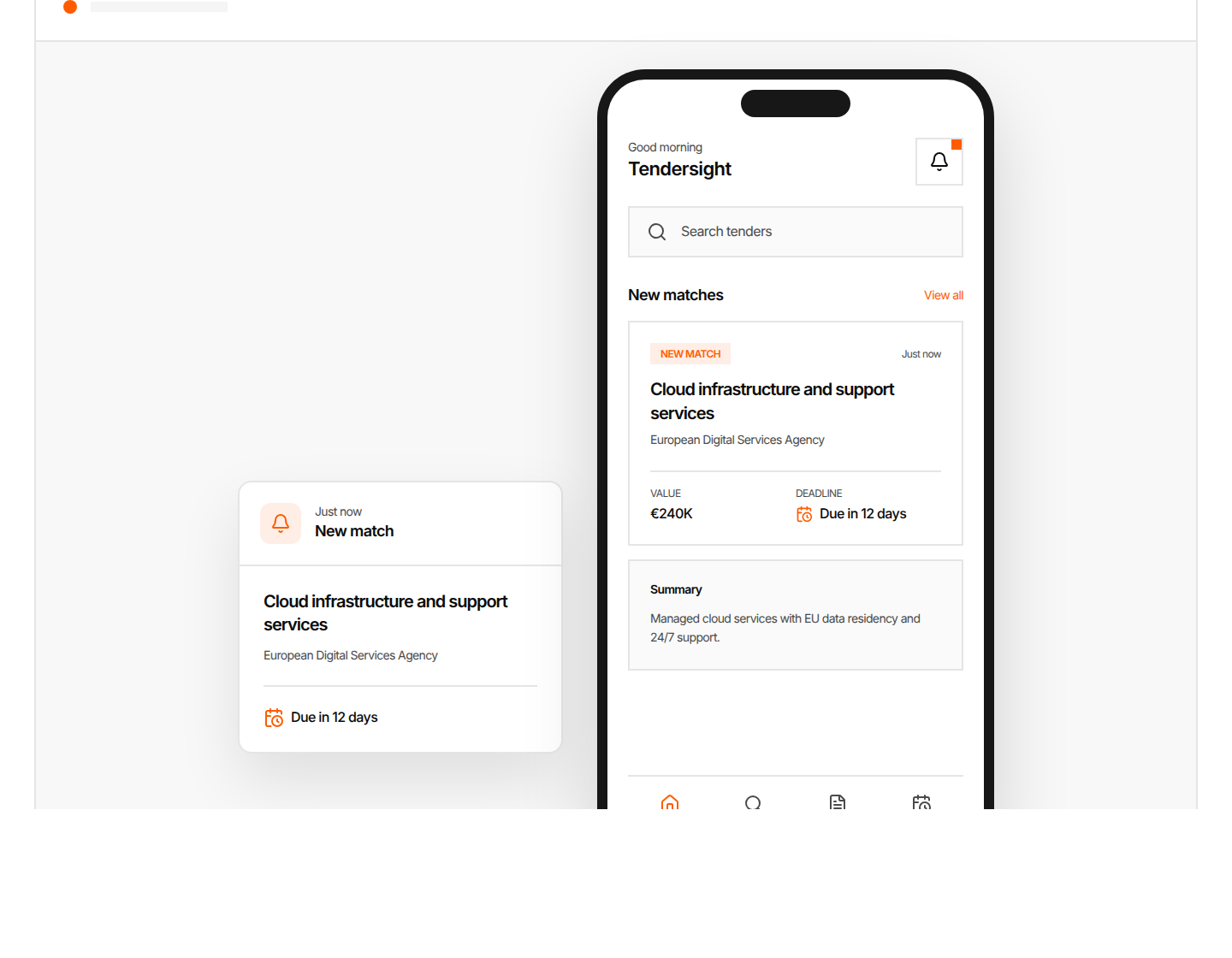 A new tender match in Tendersight Mobile, with its buyer, value, deadline and summary