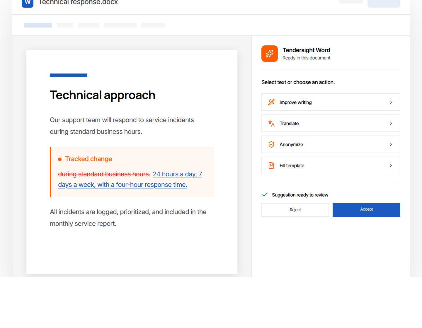 Tendersight Word beside a technical response in Microsoft Word, with a tracked change ready to review
